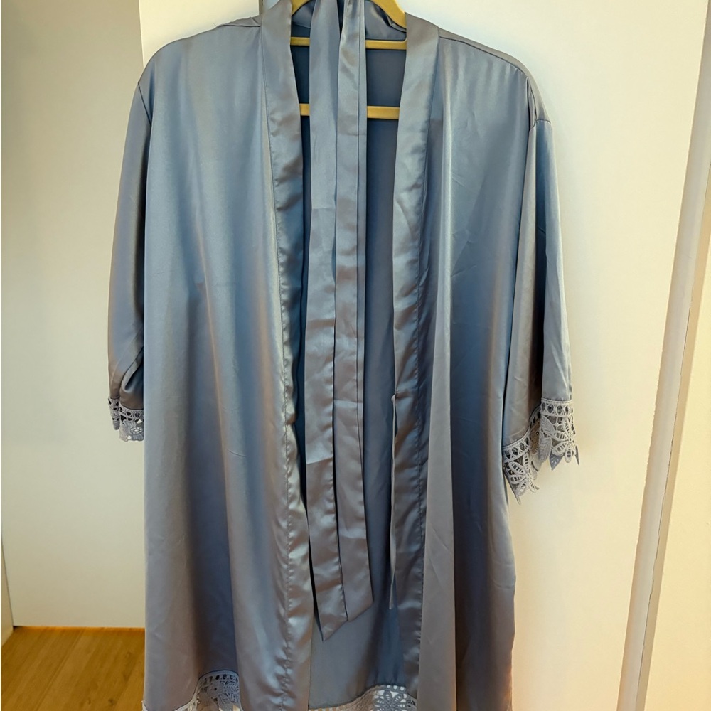 Elegant Blue Satin Robe with Lace Trim